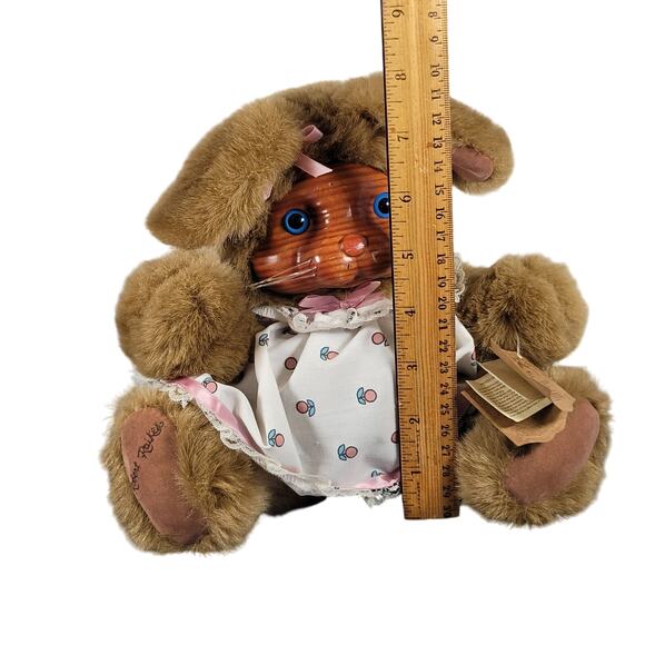 Applause Plush Bunny 12" Vintage 1985 Rakes Wood Face Lace Dress Collectible - Picture 8 of 16